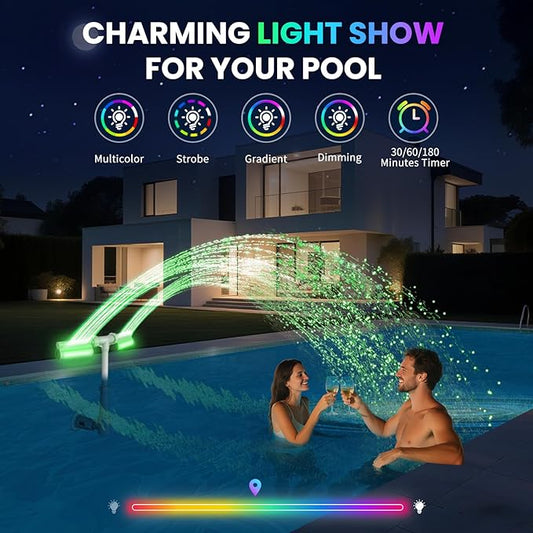 Swimming-Pool Waterfall Fountain w/Colorful Led-Lights - 7 Color Changing Above/Inground Pool Fountain Lights with Remote, Water Sprinkler Adjustable Height Pool Sprayer for Outdoor Yard Decoration