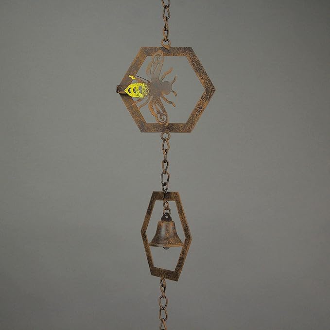 Things2Die4 72 Inch Brown Metal Honey Bee Wind Chime Rain Chains Hanging Outdoor Decor One Size