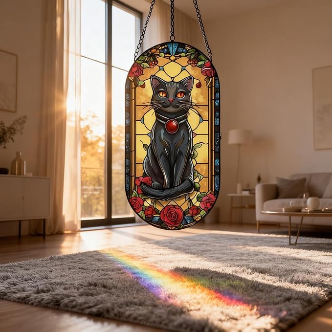 Stained Glass Window Hanging, Black Cat Sun Catcher for Window Door Wall Home Kitchen Living Room Meditation Decoration, Gifts for Women, Daughter, Mom, Father, Mother's Day Birthday