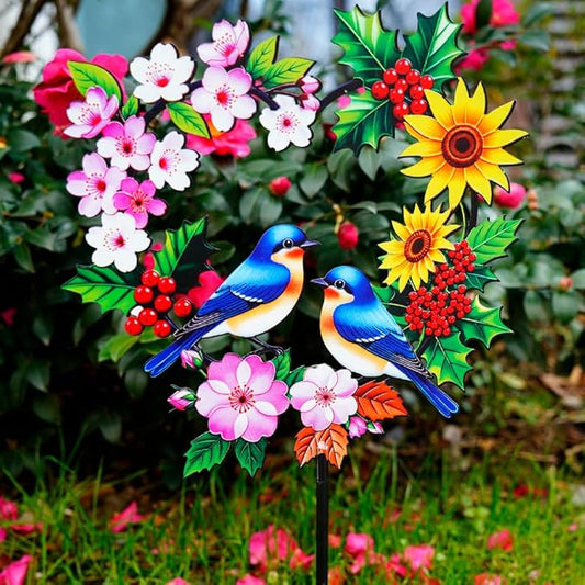 Garden Stakes Metal Bluebird - Heart Shaped Pair of Blue Birds with Flowers Colorful Yard Decor, Outdoor Lawn Ornament (Bluebird Couple)