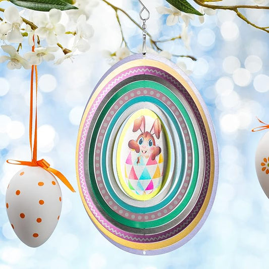 Chunful 3D Easter Bunny Wind Spinners Outdoor Hanging Ornament Gifts 10 Inch Kinetic Hanging Sculpture for Outdoor Indoor Garden Decoration Yard Art(Egg Style)