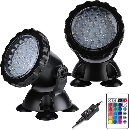 Pond Lights LED Underwater Color Changing Submersible Fountain Lights with Remote and Stake, 36 LED Bulbs Landscape Light Multi-Color for Aquarium Garden Pool