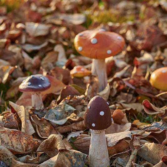 Mushroom Decor - Fairy Garden Accessories Outdoor Spring Patio Decoration 4 PCS Mushroom Statues with Stakes (Orange2+Nutshell2)