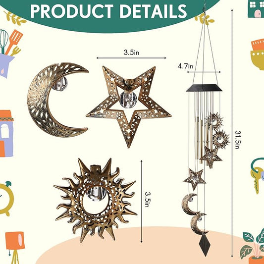 Colingmill Solar Wind Chimes for Outside Waterproof Hanging Wind Chimes Lights Outdoor Decor Yard Garden Gifts for Mother Mom Grandma Wife Neighbors(Sun Moon Star,Warm Colored Lights)