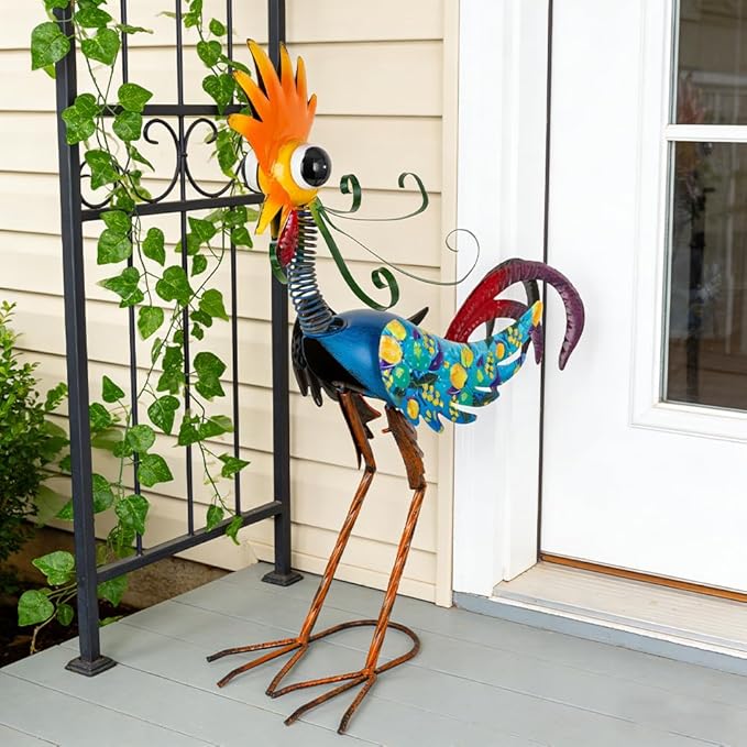 Metal Wacky Rooster Garden Statues Outdoor Decor, 23'' Rooster Decor Chicken Yard Sculptures Art Decoration for Home Outsiede Patio Lawn Backyard, Gift for Women Lovers Moms(Blue)