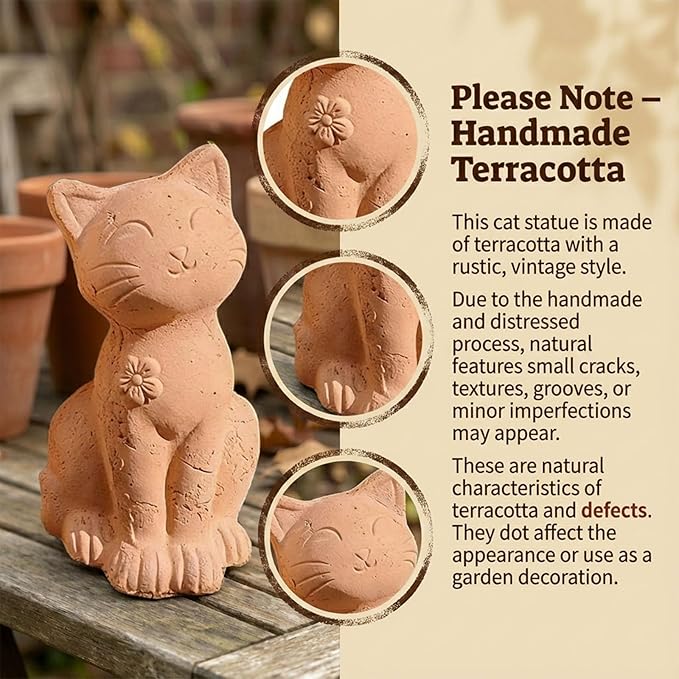 Handmade Terracotta Cat Garden Statue, Rustic Clay Cat Figurine for Outdoor Patio Balcony Yard Decor, Small Cat Sculpture Lawn Ornament Natural Garden Accent 8.3"×4.3"×3.3"