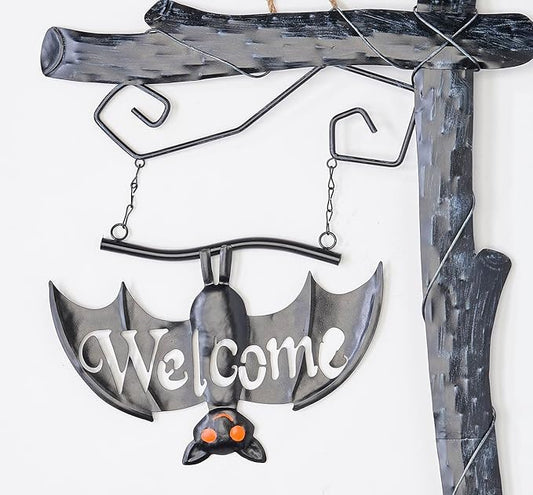 37" Metal Halloween Welcome Sign Post with Bat Outdoor Yard Stake