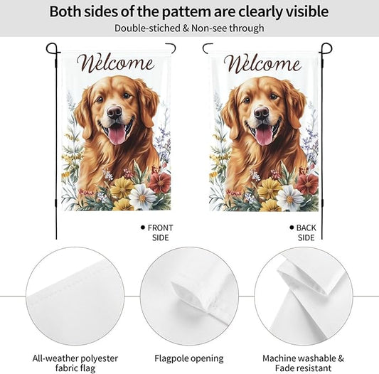 Golden Retriever With Floral Garden Flags 12×18 Inch Double Sided Decorative Yard Banner Seasonal Flag for Outdoor Outside Decor