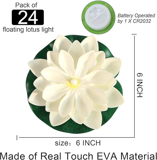 LACGO 24 PCS Water Activated Floating Lights - 6'' Waterproof Floating Lotus Light Battery Operated Artificial Floating Flowers for Pool Wedding Anniversary Garden Decoration(6 Inch, White)