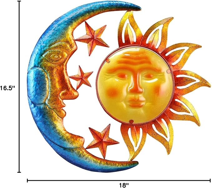 Metal Sun Outdoor Wall Art Decor Large 18 Inch with Moon & Stars, Hanging for Indoor Outdoor Patio Garden Fence Deck Yard Pool Wall Sculpture Decoration for Living Room Bedroom Colorful
