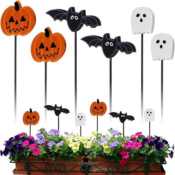 6 Pcs Wood Pumpkin Ghost and Bat Garden Stakes Yard Decor Set for Halloween Indoor Outdoor Lawn Pathway Patio Ornaments