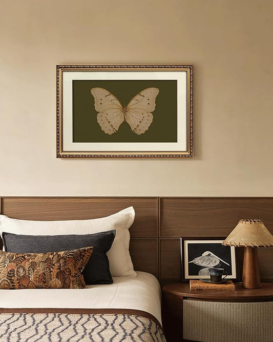 ARPEOTCY Vintage Gold Framed Large Wall Art, Classical White Butterfly Paintings, Dark Moody Green Canvas Prints Artwork with Antique Frame, Victorian Wall Decor for Gallery Living Room 16x24 inch