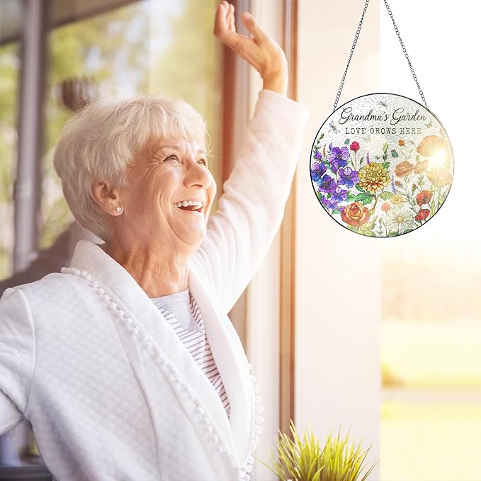 FLAGWIX Grandma Birthday Gifts - Grandmas Garden Stained Glass Window Hanging with Base 10 in - Birthday Gift for Grandma, Grandparents Day Gifts for Nana Gigi, Sun Catchers Indoor Window