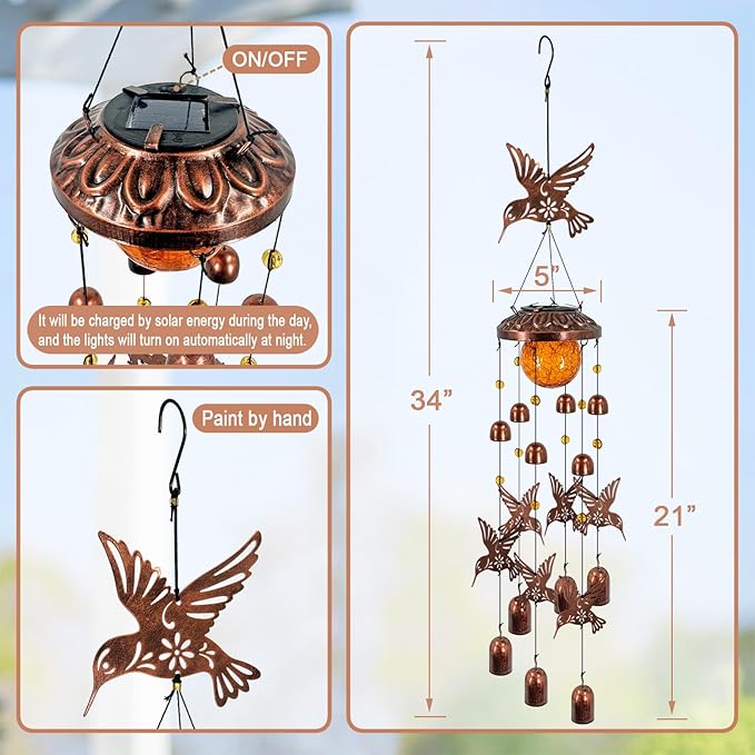 Solar Wind Chimes for Outside, Metal Hummingbird Wind Chimes with Cracked Glass Lights,Hanging Solar Lights for Outside,Yard,Patio,Garden,Porch Decor