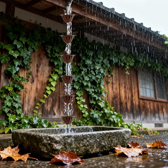9FT Lotus Rain Chain, Rain Chains for Gutters with 12 Cups, Adjustable Rain Catcher Chain with Bell for Eaves Drainage, Replacement for Downspout
