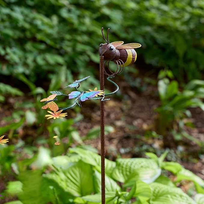 Red Carpet Studios Garden Art Balance Rocker Metal Garden Stake Yard Décor, 50” Tall, Bumblebee and Butterflies