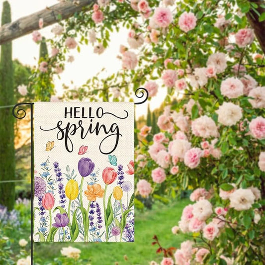 AVOIN colorlife Hello Spring Tulip Lavender Garden Flag 12 x 18 Inch Double Sided, Seasonal Flower Yard Outdoor Flag