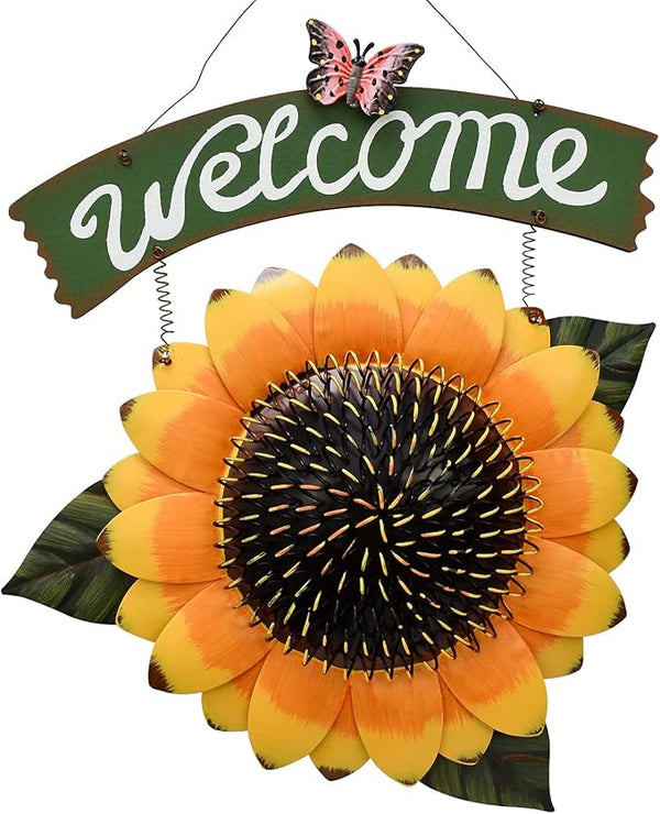 Sunflower Welcome Sign Metal Hanging Welcome Plaque for Wall Front Door - Decorative Flower Yard Signs Spring Wreath Decor for Garden Porch Patio Backyard (H)