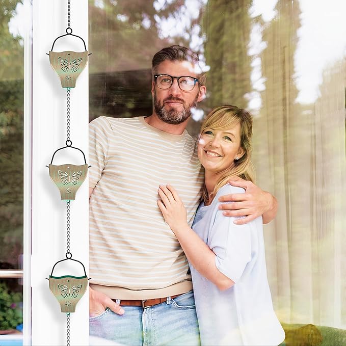 7.8ft Rain Chains for Outside, 8 Cups Copper Plated Lotus Rain Chain Cups, Adjustable Rain Catcher Chain with Bell for Eaves Drainage, Replacement for Downspout (Butterfly+Retro Green)