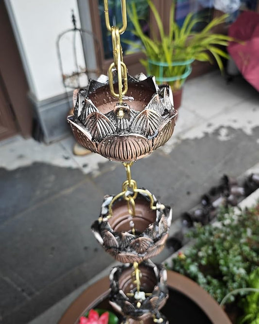 Lotus Rain Chain Cups for Outside, 5 Cups per Meter, Decorative Gutter Downspout Diverter Rain Catcher, Copper Exquisite Rain Chimes Easy Hanging,2.4m (8ft)