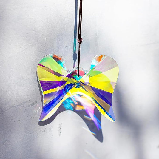 Window Hanging Crystal Angel Wing Prism Suncatcher AB Coating Ornament, Glass Angel Wing Sun Catchers Rainbow,Prism Crystals for Indoor Outdoor Garden Christmas Decor(76mm)