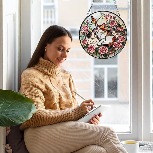Double Sided Stained Glass Window Hanging, 7.9" Sun Catcher Panel, Green Plant Wall Art for Home & Garden, Unique Gift for Women & Men (Cats in Roses, 7.9 Inch)