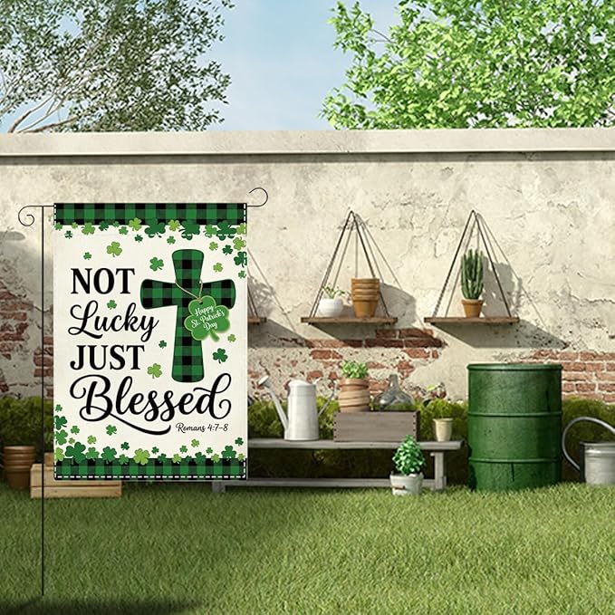 St Patricks Day Irish Blessed Garden Flag Christian Cross Lucky Shamrock Irish March Garden Flag Happy St Patricks Day Double Sided Outdoor House Flag for Outside Yard Decorations 12×18 Inch