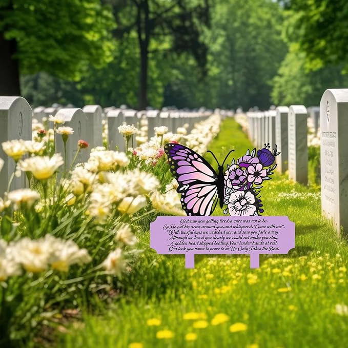 Memorial Grave Markers & Decorations - Weatherproof Metal Sympathy Plaques & Butterfly Stakes for Cemetery, Yard, Garden, Patio - Waterproof Remembrance Grave Stakes for Outdoors
