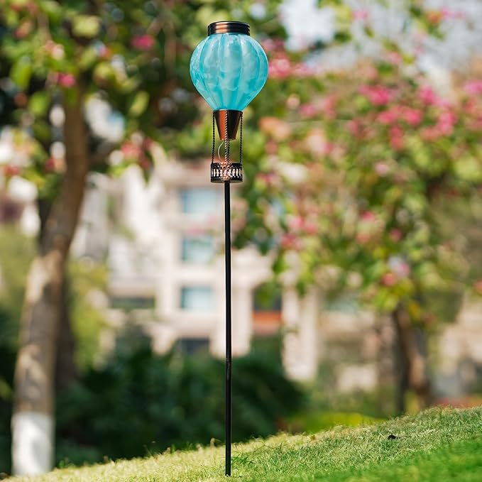 Solar Garden Lights Outdoor with Hot Air Balloon, Stake Garden Lights Solar Waterproof Flickering Lantern Lawn Pathway Patio Decor(Blue)