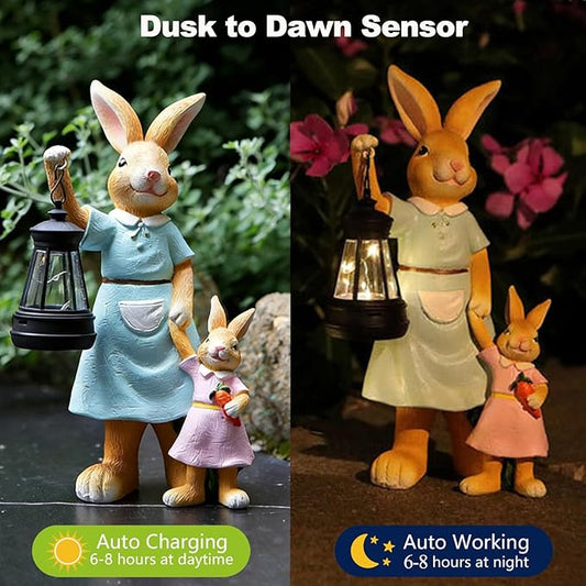 VEEKI Garden Statues Outdoor, Cute Rabbit Statue with Solar Lantern, Resin Bunny Figurines Lights Outdoor Waterproof for Patio Yard Lawn Ornament, Unique Housewarming Birthday Gifts for Women (Bunny)