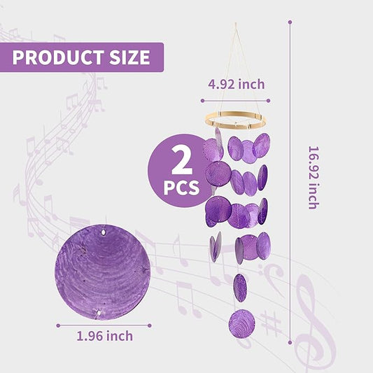2 Pack Capiz Wind Chimes for Outside, Outdoor Seashell Hanging Beach Coast Ocean Home Decorative, Unique Natural Shell Waterfall Windchimes for Summer Patio, Great Memorial Sympathy Gift(Purple