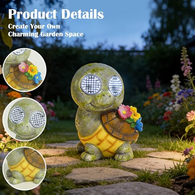 Solar Garden Statue with LED Lights, Dynamic Blinking Lights and Flowers, Outdoor Garden Figurine for Patio Porch Lawn Backyard Decor, Housewarming Gifts for Women (Turtle)