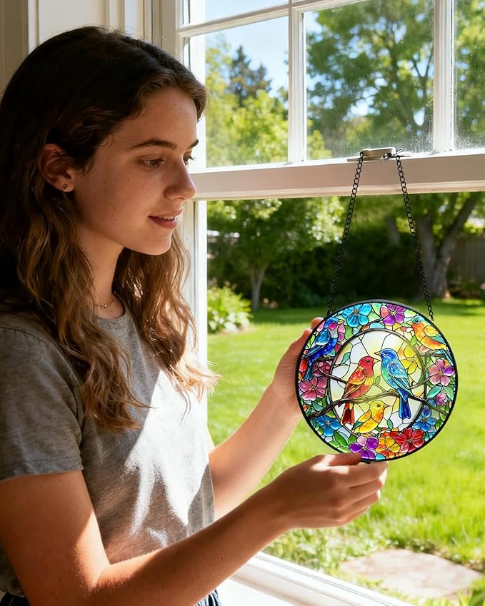 Stained Glass Window Hanging, Birds Sun Catchers Glass Panel, Suncatcher Window Decor 8", Birthday for Women Men Mom and Friend Colleague