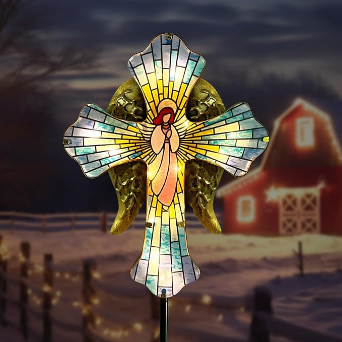 Solar Cross Garden Stake Lights for Outdoor,Cemetery Decorations Yard Patio Decor,Angel Wings Cross Solar Christmas Lights Outside,Memorial Gifts