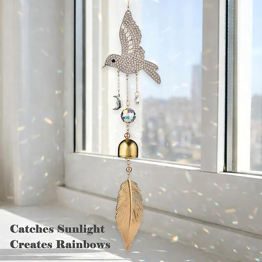 Hummingbird Crystal Suncatcher for Window Hanging, Rainbow Maker Prism Ornament with Hook, Sparkling Sun Catcher Decor for Home, Patio, Garden, Bird Lover Gift (Wind Chime)