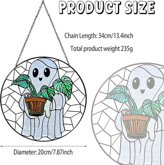 Cute Ghost Plant Stained Glass Sun Catcher Window Hanging Plant Lovers Gifts for Women Wall Decor Handmade SunCatcher Decoration for Garden Home Decor, 7.87inch