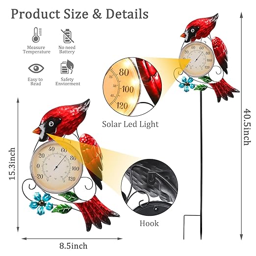 MUMTOP Outdoor Thermometer for Patio - Indoor Outdoor Wall Thermometer with Solar LED Light Cardinal Design - Decorative Temperature Gauge for Home or Garden Decor