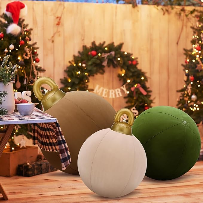 Jenaai 3 Pcs Giant Velvet Christmas Inflatable Ball Ornament Large PVC Christmas Inflatable Balls 3 Size 24" 20" 18" Xmas Hanging Ornaments Outdoor Decor for Lawn Porch Yard(Classic)