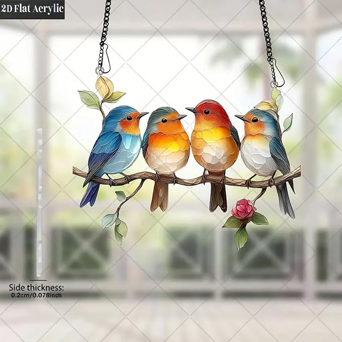 Birds On Branch Stain Glass Window Hanging Hummingbird Sun Catcher with Metal Chain, Bird Stained Art Ornament, Indoor Outdoor Window Suncatcher for Garden,Home,Housewarming Decor