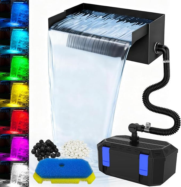 All-in-1 Pond Waterfall Kit | 550GPH Pond Filter Pump | 8-inch Stainless Steel Waterfall Spillway | Remote Control LED Lights | 4-Stage Filtration Outdoor Waterfall for Water Feature, Garden, Pool