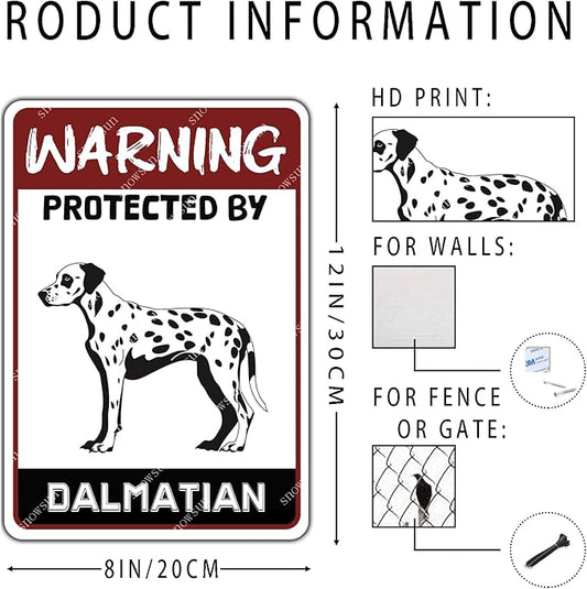 snowsun Warning Dog Metal Signs Protected by Dalmatian Tin Sign for Home Garden Yard Street Wall Decor 8×12 Inches