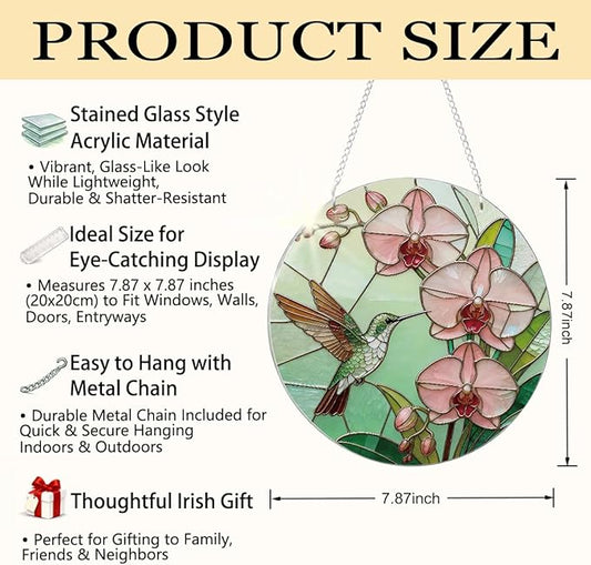 Hummingbird Flower Botanical Suncatcher for Windows Hanging, Beautiful Window Door Decoration, Home Garden Decors, Birds Lover Gift, Mother's Day Christmas Festival Gift for Women Men