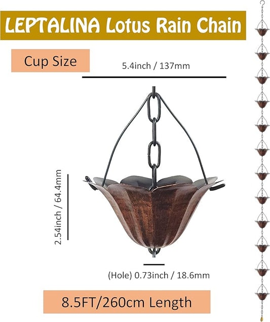 8.5FT Lotus Antique Bronze Color Iron Rain Chains for Gutter and Rain Barrel, Rust-Resistant Plated Garden Décor Rain Chain for Downspout, Bonus Rain Chain Gutter Adapter, Earrings for House