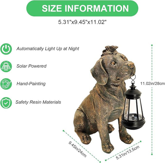 Solar Garden Statue Dog Figurine Decor with Lantern Lights, 11 Inch Outdoor Decoration Solar Dog Sculptures for Outside Patio Lawn Balcony Yard Ornament, Dogs Lover Gifts for Women Mom Mother's Day