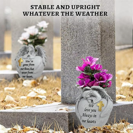 Cemetery Flowers for Grave Angel and Cross Cemetery Cemetery Memorial Vase, Cemetery Flower Grave,2-Piece Angel Cemetery vase with Iron Spikes,Garden Decoration Memorial Gift for Lost Love (1white)