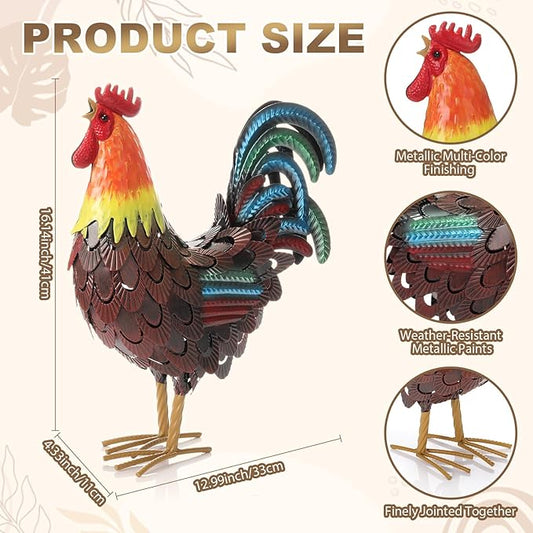 Zhengmy Metal Rooster Garden Statue Lifelike Colorful Metal Rooster Yard Decor Hand-Painted Iron Chicken Sculpture for Patio Lawn Backyard Farmhouse Outdoor Indoor Decoration(Reddish Brown)