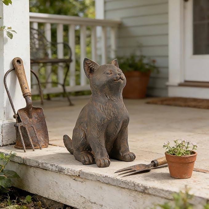 Braxio Cat Garden Statue Outdoor Decor - Realistic Sitting Cat Figurine for Patio, Yard, Porch, Resin Curious Kitty Sculpture Lawn & Home Decoration 8.5 x 5.4 x 10 Inch