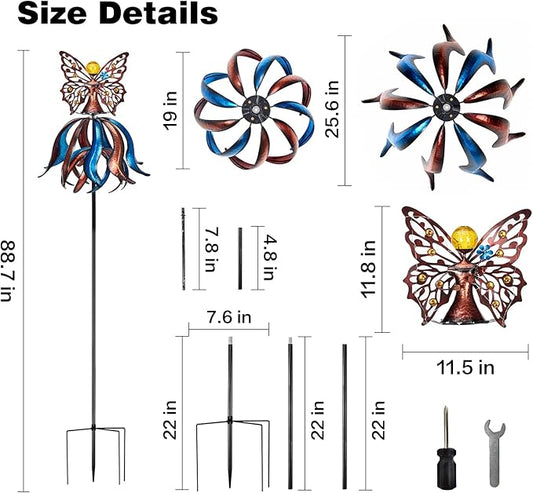 Kircust Solar Wind Spinner, Extra-Large Tulip Garden Windmill Spinners with LED Lighting Solar Powered Glass Ball, Kinetic Metal Sculpture for Outdoor Yard Lawn Patio Decorations