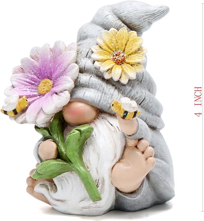 Hodao Spring Gnome Decoration Flower Elf Ornaments Decor Gifts Summer Gnome Figurines Spring Gnoms for Garden Decor Gifts for Outdoor Decor for Mom, Grandma (Grey-Man)
