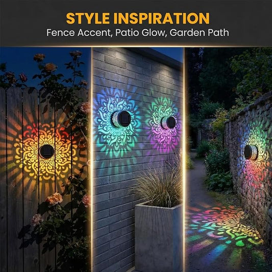 Lscsdf Seven-Color Changing Solar Mandala Projection Wall Light Decorative Solar Mandala Lights Outdoor Waterproof Metal Fence Lights for Yard Garden Post Patio Backyard Decor (2pcs)